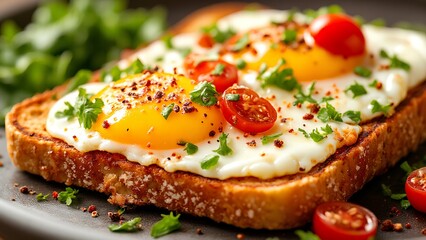 Two sunny-side-up eggs on toasted bread garnished with cherry tomatoes, herbs, and pepper flakes, served as a delicious breakfast dish.