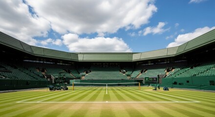 Fototapeta premium The iconic grass tennis court at Wimbledon, ready for a championship match, with the net, umpire's chair, and empty green seats visible.