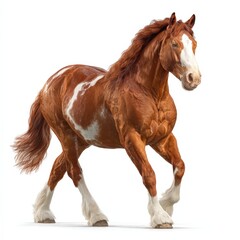 Obraz premium Majestic Chestnut Draft Horse with White Markings in Motion Against a White Background