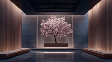 Dramatic minimalist space with spotlighted pink tree on stage-like wooden platform with ambient dark walls