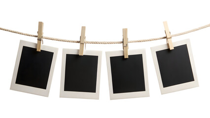 Four Blank Instant Photo Frames Hanging on a Rope Isolated on White Background

