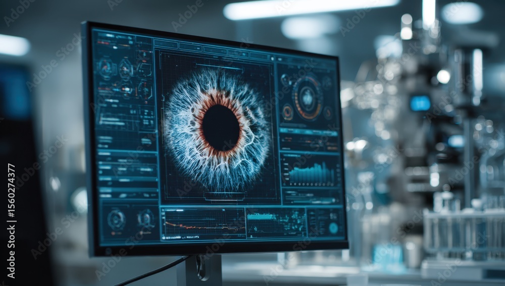 Poster futuristic iris scan technology displayed on a sleek computer monitor in a modern lab setting