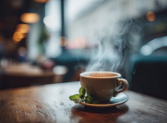 A steaming cup of herbal tea on a wooden table in a cafe