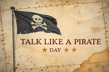 Talk Like a Pirate Day celebration with a Jolly Roger flag. A vintage concept on an old parchment map background for the fun holiday. generative ai