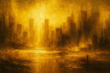Golden abstract cityscape painting with blurred skyscrapers and reflective water, evoking a warm, dreamy, and atmospheric urban sunset.