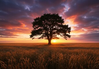 Fototapeta premium A solitary tree stands tall in an open field with a dramatic and colorful sunset sky in the background, creating a striking silhouette and peaceful landscape scene.