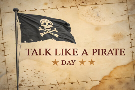 Talk Like a Pirate Day celebration with a Jolly Roger flag. A vintage concept on an old parchment map background for the fun holiday. generative ai