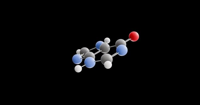 Hypoxanthine molecule, rotating 3D model of purine derivative, looped video on a black background
