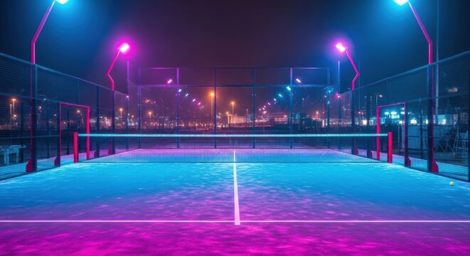 A symmetrical view of a padel court at night, glowing with vibrant pink and blue neon lights under a dark sky. A modern, futuristic sports scene.