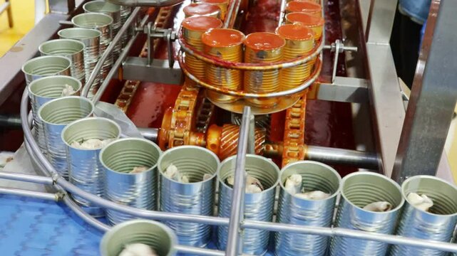 Cooked sardines or mackerels packed in aluminum cans are sent through clean production line of conveyor belts tomato or chill sauce filling machine in a modern industrial canning plant.