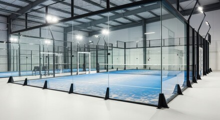 A modern indoor padel sports complex with multiple blue courts, glass walls, and bright overhead lights.