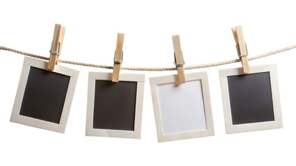 Four Blank Instant Photo Frames Hanging on a Rope Isolated on White Background


