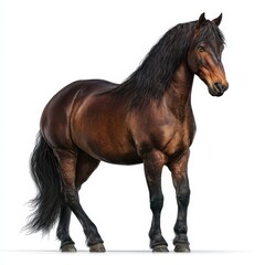 Obraz premium Majestic Brown Horse with Long Mane and Tail Standing on White Background Beautiful Equine