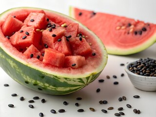 Adorable Cartoon Watermelon Slice Character with Smiling Face on Blue Background Celebrating National Watermelon Day – Cute and Colorful Summer Fruit Illustration for Kids and Holiday Design Themes