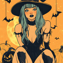 halloween background with witch and pumpkin