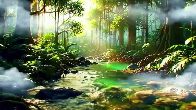 A realistic 4K cinematic emerald jungle creek bathed in dappled sun rays, clear emerald water flowing over submerged roots and pebbles, early golden light breaking through tree gaps, clouds drift gent