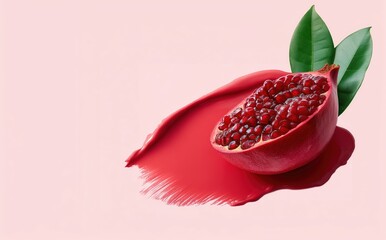 Red pomegranate half on a vibrant red paste smear on a pastel pink background. Healthy, organic fruit ingredients copy space backdrop.