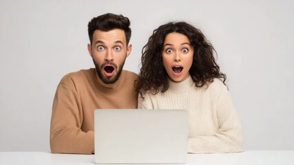 Excited couple engaged in Cyber Monday shopping on a laptop in a clean white studio environment