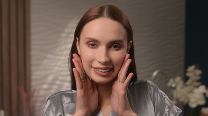 Portrait pretty attractive Caucasian girl European woman satisfied surprised wonder amazed...