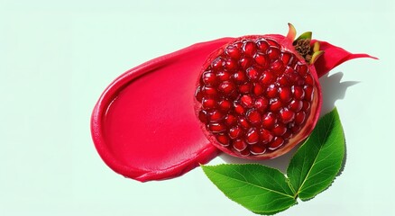 Red pomegranate half on a vibrant red paste smear on a soft mint background. Healthy, organic fruit ingredients copy space backdrop.