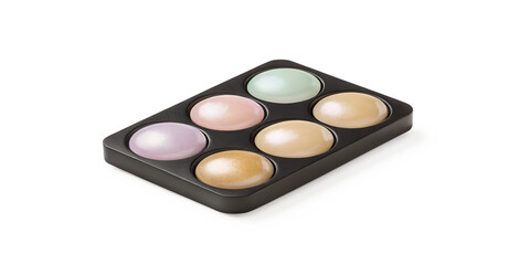 Six round cosmetic powder shades in a black palette isolated on transparent background