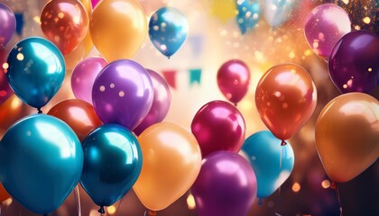 vibrant multicolored balloons float against a bright celebratory backdrop background fete