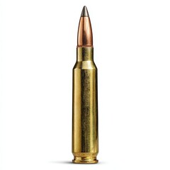 Close up view of a single rifle bullet cartridge isolated on white background Detailed macro  of ammunition