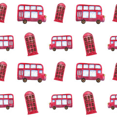 Seamless pattern. Festive collection of hand-painted watercolor elements with British symbols. Illustrations red double-decker bus, telephone box.