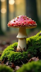 Large boletus mushroom nestled in vibrant green moss, autumn forest , cap, foraging