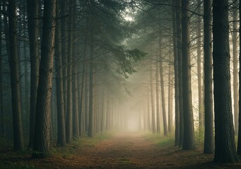 Naklejka premium A peaceful forest path surrounded by tall pine trees, gently illuminated by early morning sunlight filtering through the mist, creating a serene and mystical atmosphere.