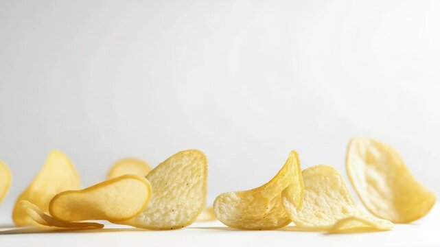 A bag of potato chips opens, releasing crispy snacks into the air