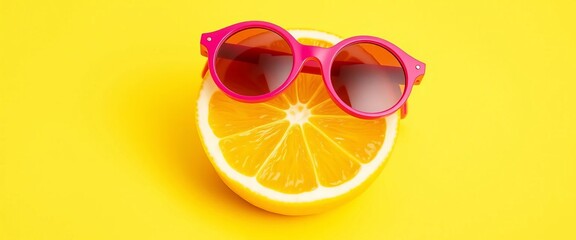 A sunny lemon slice, sporting pink circle sunglasses, rests on a bright yellow background,  design,  zesty