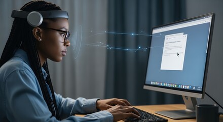 Focused young woman uses eye-tracking technology while working on computer.