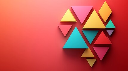 This abstract image of colorful 3D triangles on a red background is perfect for websites or blogs seeking modern, geometric, or tech-related visuals, or for backgrounds.

