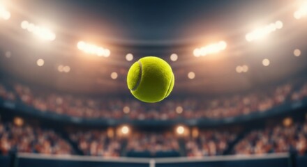 A dramatic shot of a single tennis ball floating in a large stadium at night, with the bright lights creating a beautiful bokeh effect.