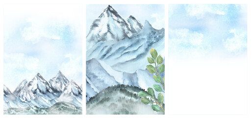 A bundle of three watercolor greeting card templates with rocky mountains, misty forest, blue cloudy sky. Hand-drawn illustrations for covers, invitations, posters, postcards for travel business