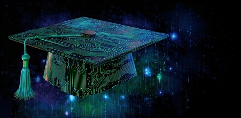 Green digital graduation cap with futuristic interface background.