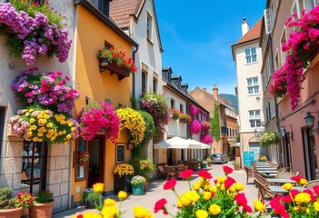 Vibrant floral arrangements adorn quaint old town buildings and charming street cafes, europe, wallpaper