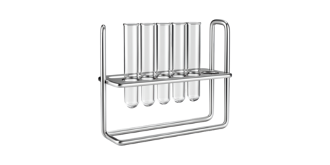 Test Tube Rack With Empty Glass Tubes. Laboratory Equipment For Scientific Experiments Isolated On Transparent Background