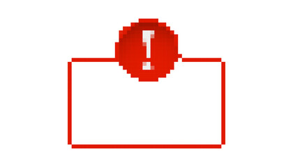Obraz premium Pixel art red alert icon with exclamation mark in 8 bit style catches attention with retro charm.