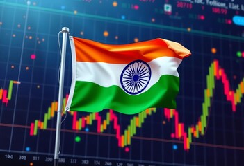 Indian flag superimposed on a dynamic stock market graph depicting economic trends, digital technology elements, rupee, chart