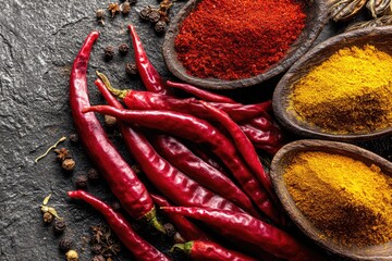 Colorful spices on dark surface