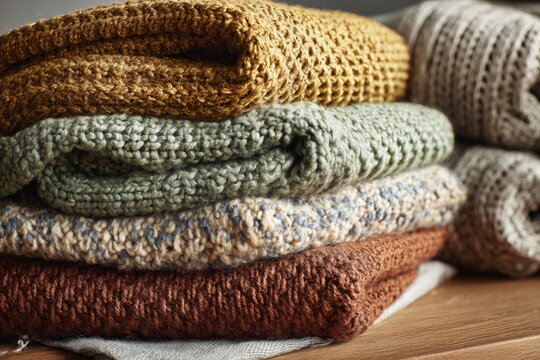 Fototapeta Soft knit scarves and textured winter fabrics folded neatly in a cozy indoor setup.