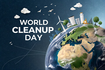 World Cleanup Day poster with a clean vs. polluted Earth. A concept for global environmental action, sustainability, and a green future. generative ai
