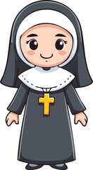 Cartoon illustration of a cute nun in a habit with a golden cross necklace, standing and smiling.