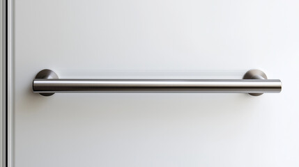 minimalistics metal handle install on a modern glass door against white copy space wall in office room. Living space design complements the interior of a contemporary apartment 