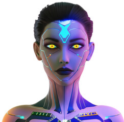 Cyborg woman with yellow eyes on white background, transparent background png