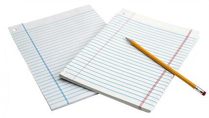 Two sheets of lined paper and a yellow pencil isolated on transparent background, ready for writing...