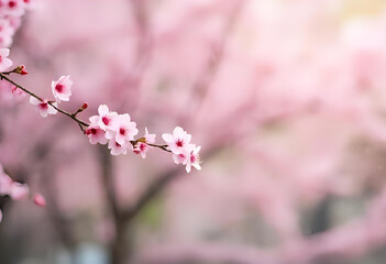 Soft focus background with light spring rain and blurred pink blossoms in the distance. Gentle pastel tones with bokeh effect, creating a calm and dreamy seasonal atmosphere.