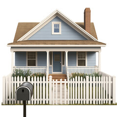 House with a white picket fence and mailbox, traditional American home, transparent background.